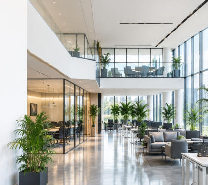 Modern open-plan commercial office interior with workstations and meeting rooms in Egypt